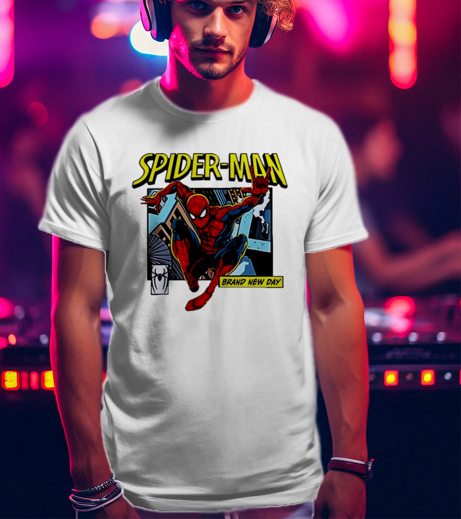 Spider Man Brand New Day Iconic Comic Style Swinging Action T-Shirt