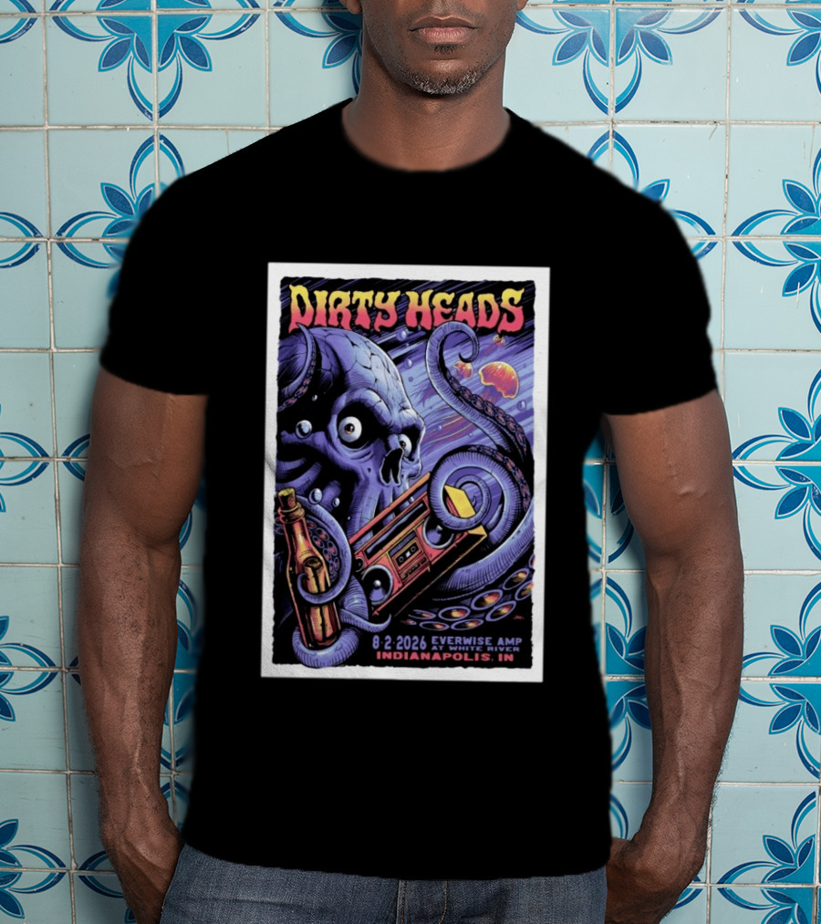 Dirty Heads Everwise Amp At White River 8.2.2026 Indianapolis IN Octopus Skull Alien Boombox T-Shirt