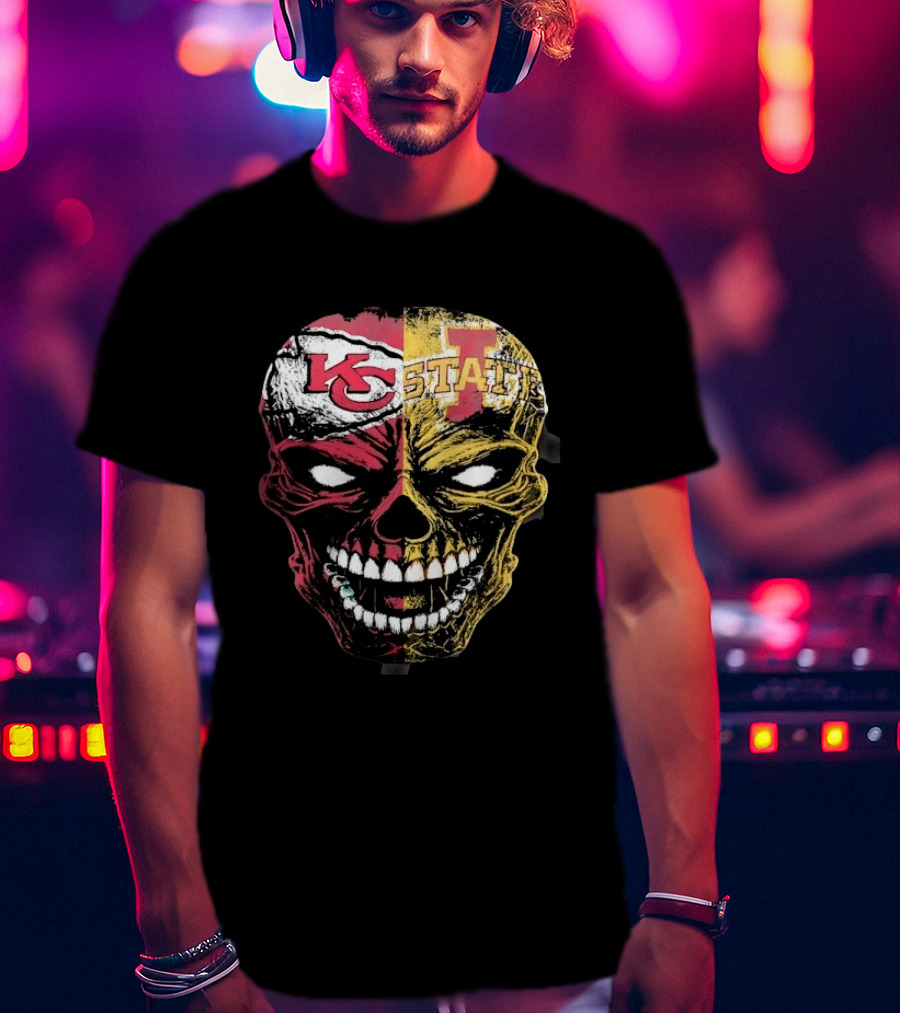 Kansas City Chiefs Iowa State Cyclones Skull Split Face T-Shirt