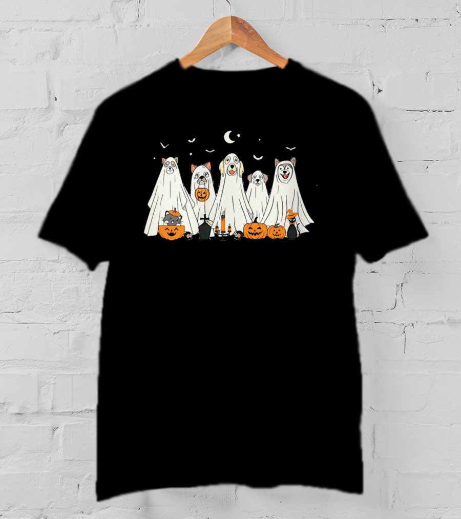 Halloween Ghost Dog Pack With Pumpkins And Moonlit Night T-Shirt