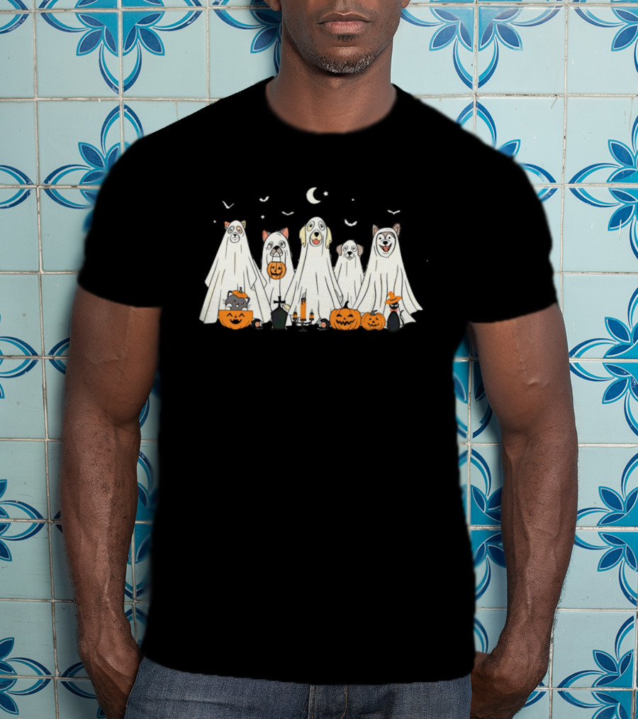 Halloween Ghost Dog Pack With Pumpkins And Moonlit Night T-Shirt