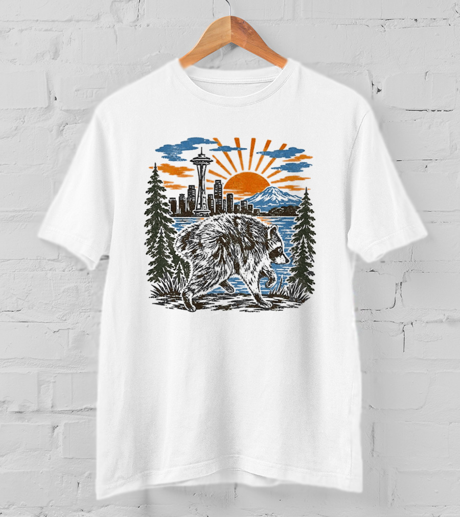 Raccoon Jimothy Seattle Skyline Sunset With Space Needle T-Shirt