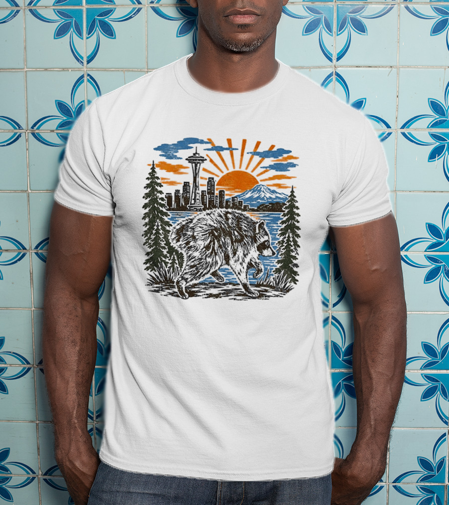 Raccoon Jimothy Seattle Skyline Sunset With Space Needle T-Shirt