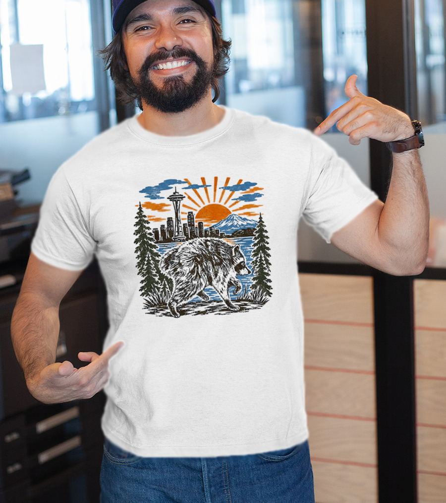 Raccoon Jimothy Seattle Skyline Sunset With Space Needle T-Shirt