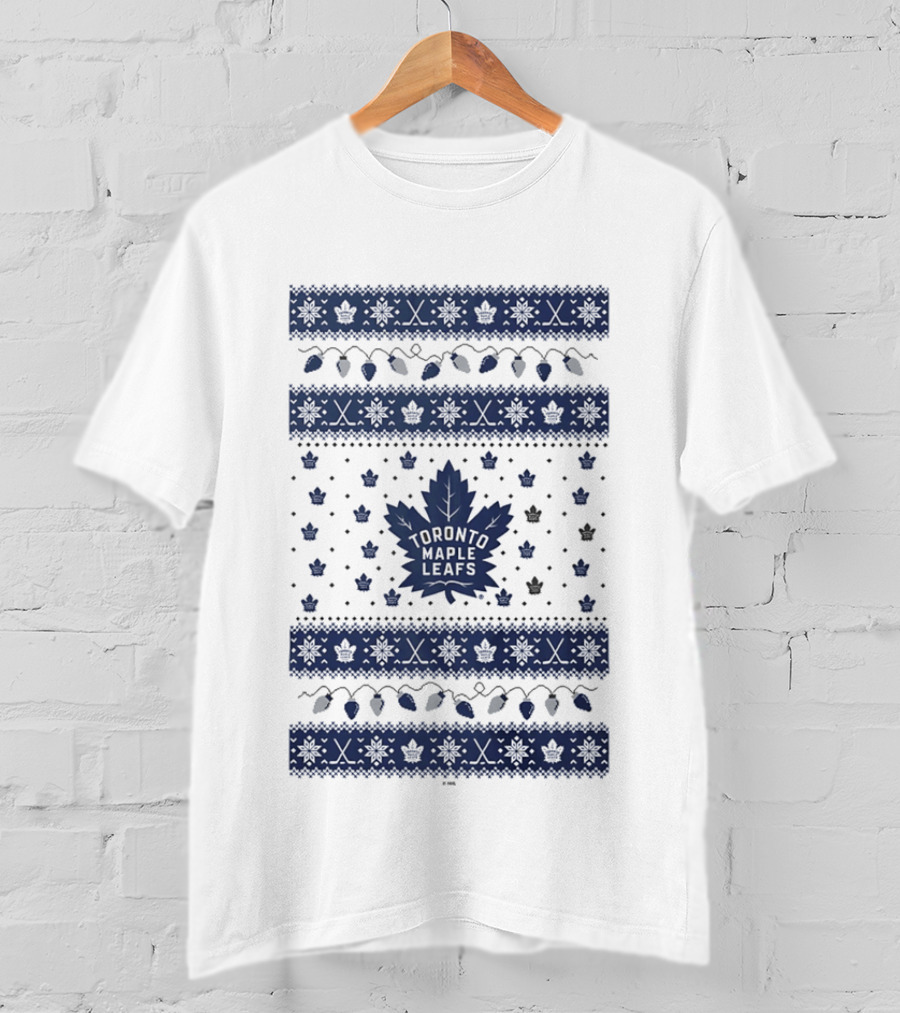 Toronto Maple Leafs Holiday Lights Festive Pattern Leafs Logo Snowflakes T-Shirt