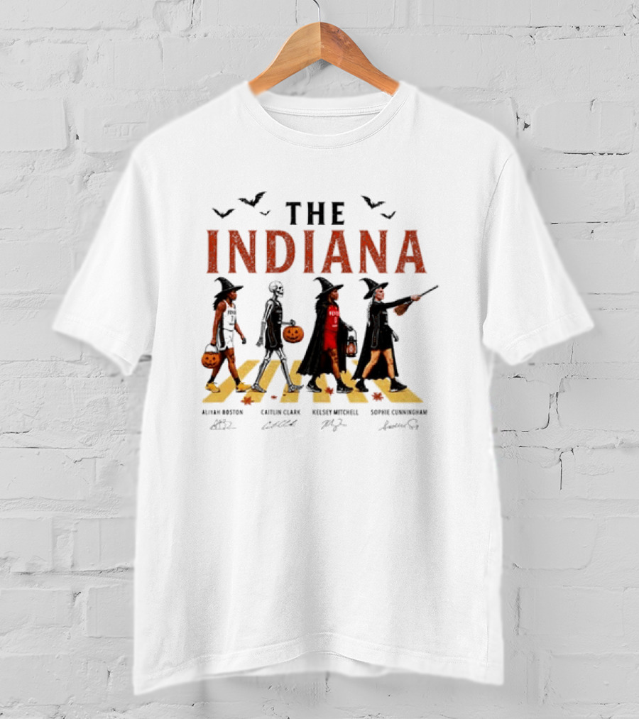 The Indiana Fever WNBA Aliyah Boston Caitlin Clark Kelsey Mitchell Sophie Cunningham Halloween Crosswalk Skeleton Witches Pumpkin T-Shirt