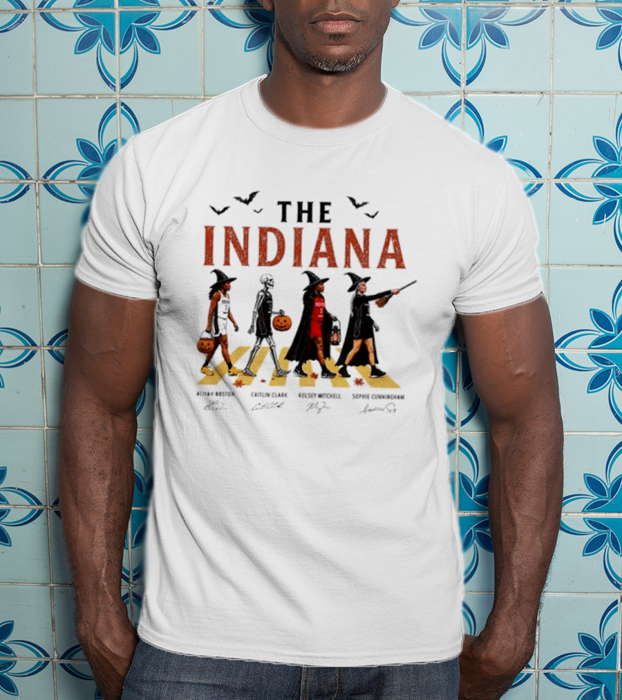 The Indiana Fever WNBA Aliyah Boston Caitlin Clark Kelsey Mitchell Sophie Cunningham Halloween Crosswalk Skeleton Witches Pumpkin T-Shirt