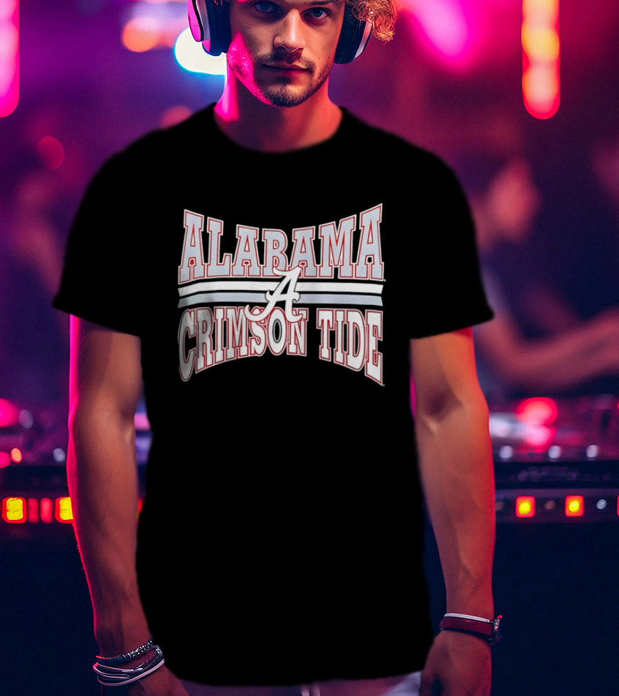 Alabama Crimson Tide Script A Curved Stripes Block Lettering T-Shirt