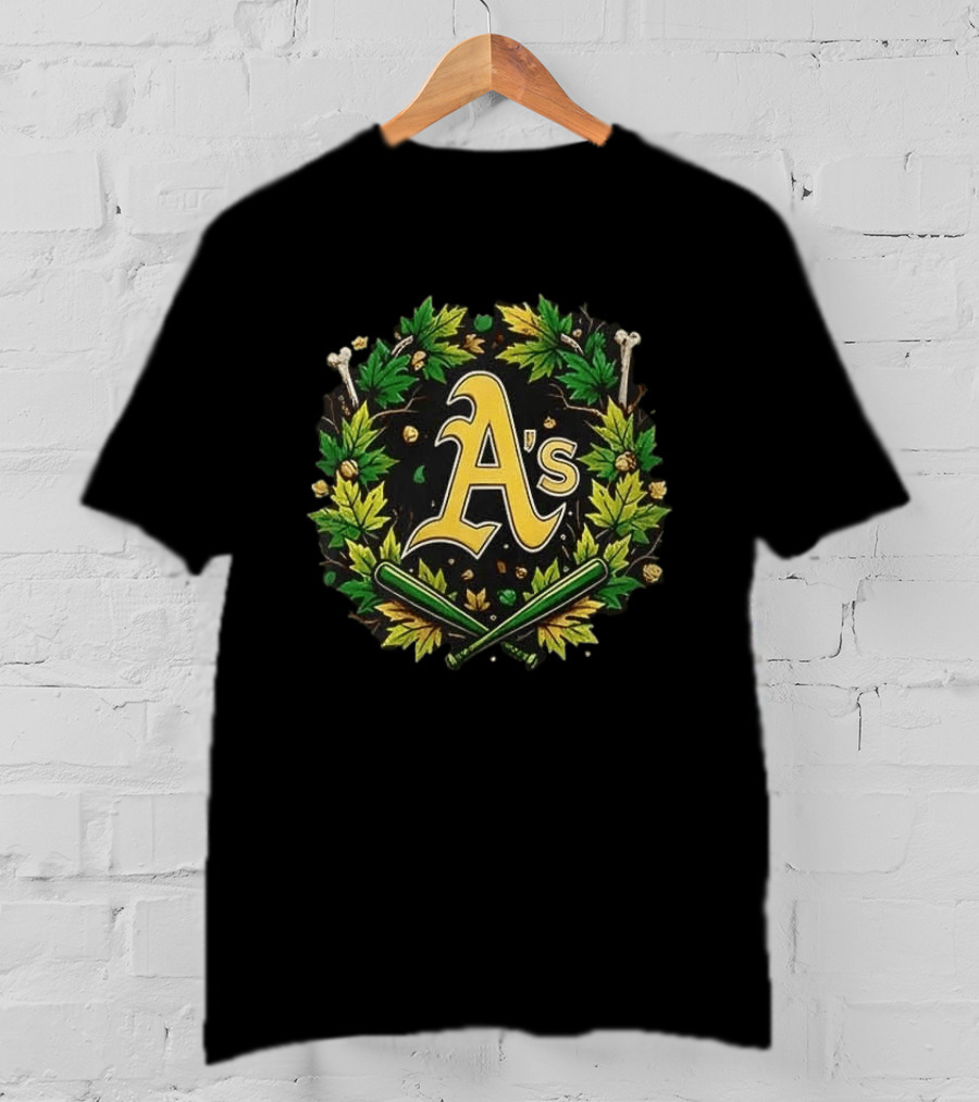 A's Halloween Maple Leaves Skull Crossed Bats Baseballs T-Shirt