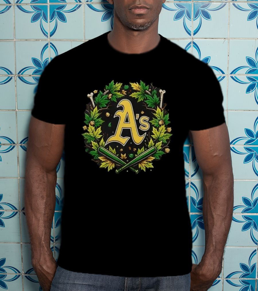 A's Halloween Maple Leaves Skull Crossed Bats Baseballs T-Shirt