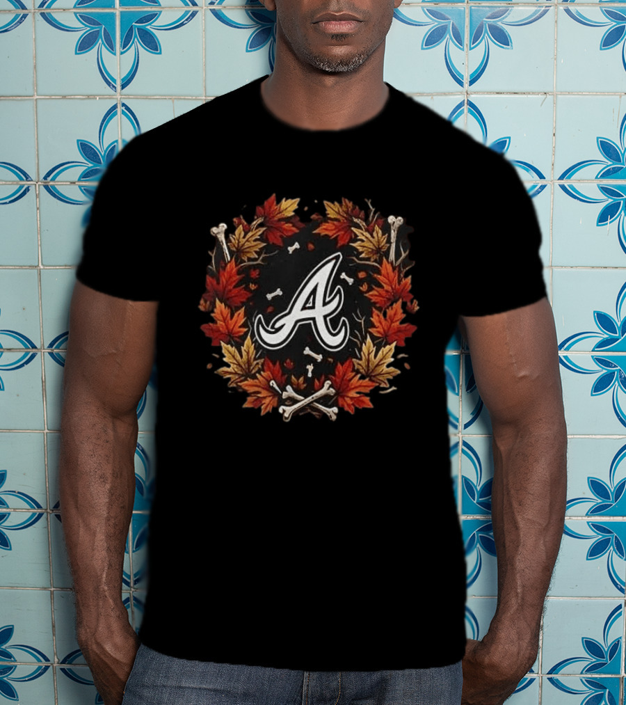 Atlanta Braves Halloween Maple Leaves Skull Bones Crossed Bats T-Shirt