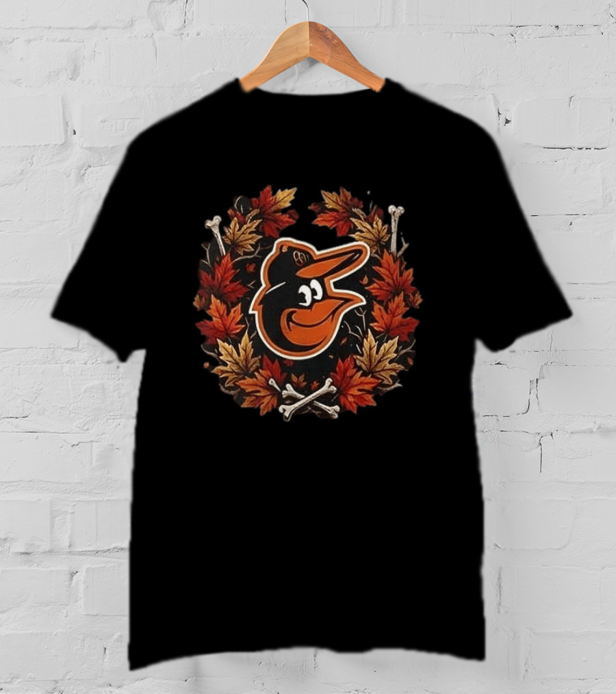 Baltimore Orioles Halloween Maple Leaves Skull Crossed Bats Baseballs T-Shirt