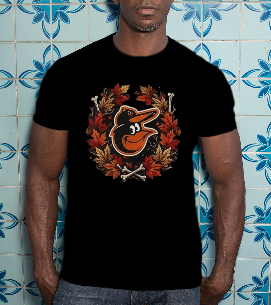 Baltimore Orioles Halloween Maple Leaves Skull Crossed Bats Baseballs T-Shirt