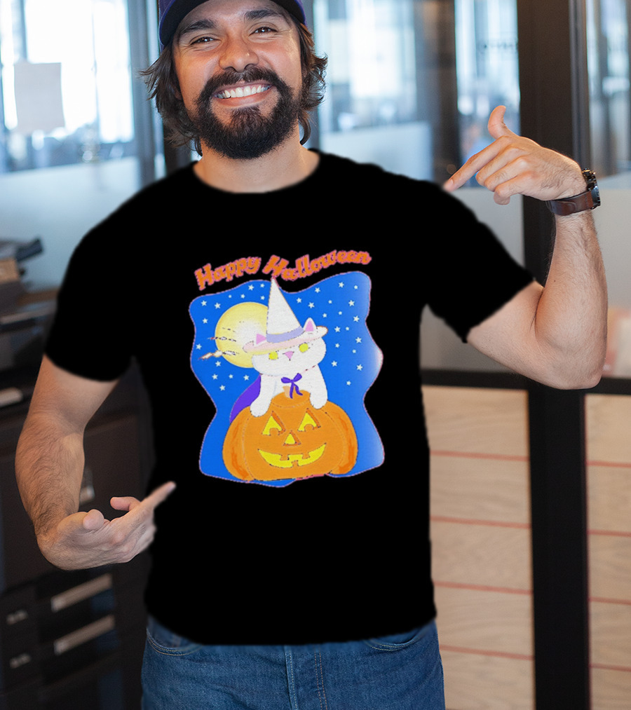 Happy Halloween Cat Witch On Pumpkin With Full Moon And Stars T-Shirt