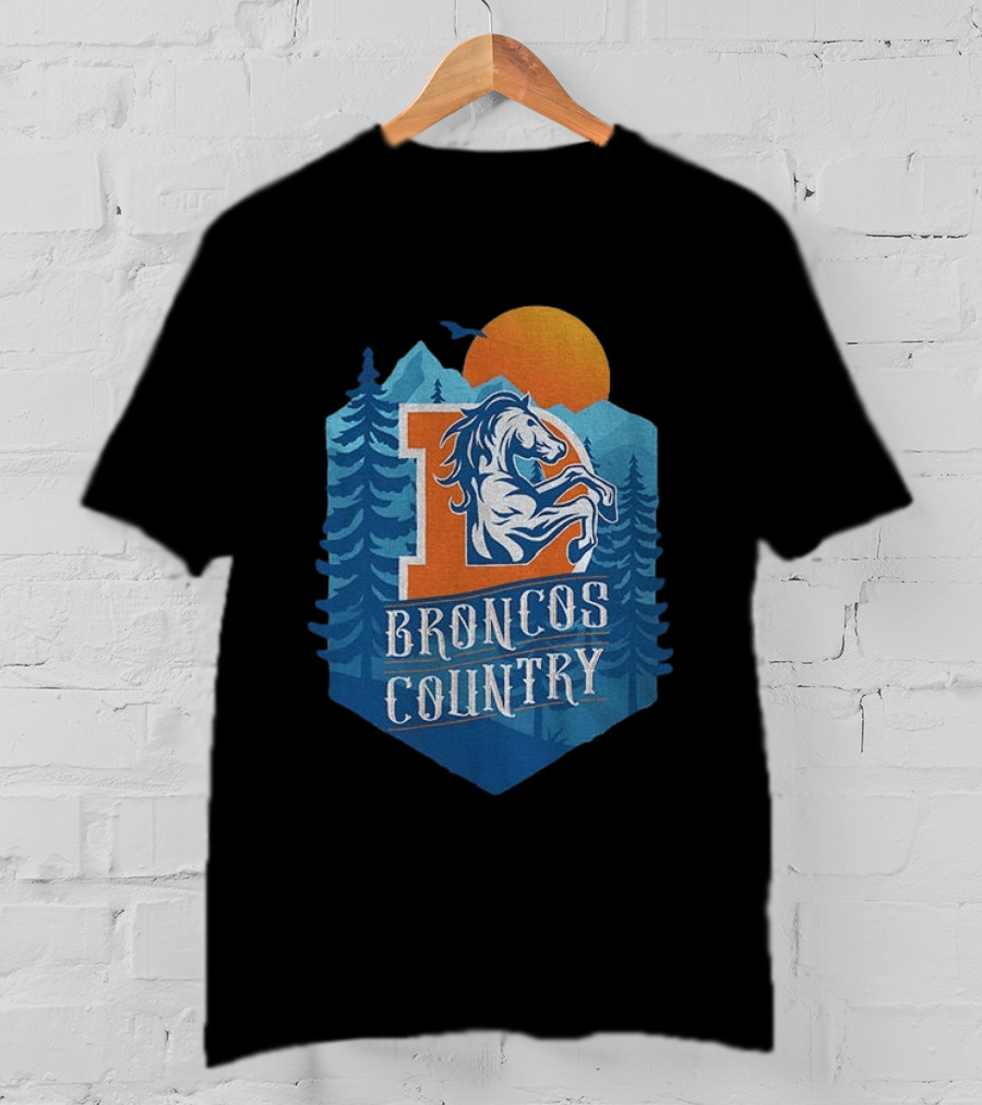 Denver Broncos Country Logo Football Mountain Sunset T-Shirt