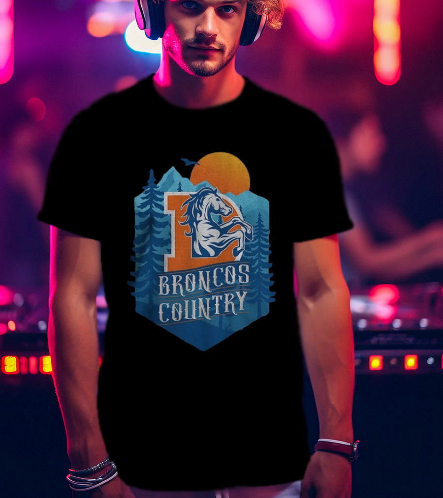 Denver Broncos Country Logo Football Mountain Sunset T-Shirt
