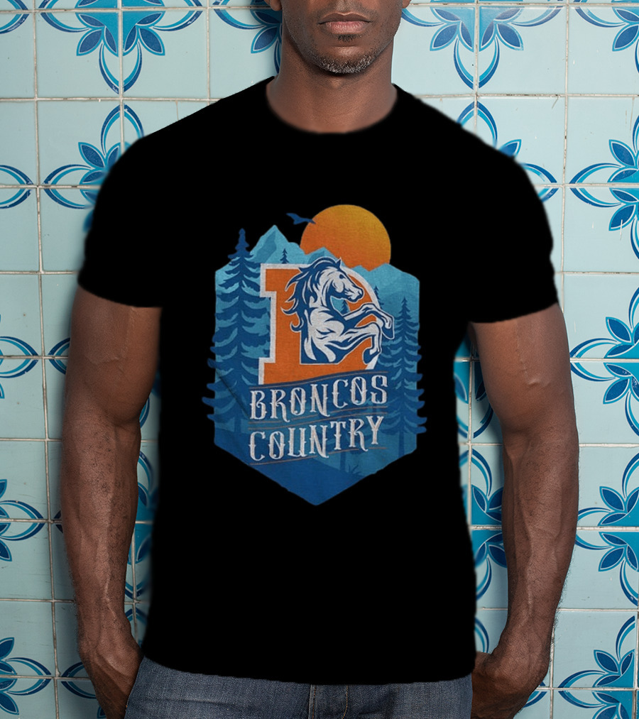 Denver Broncos Country Logo Football Mountain Sunset T-Shirt