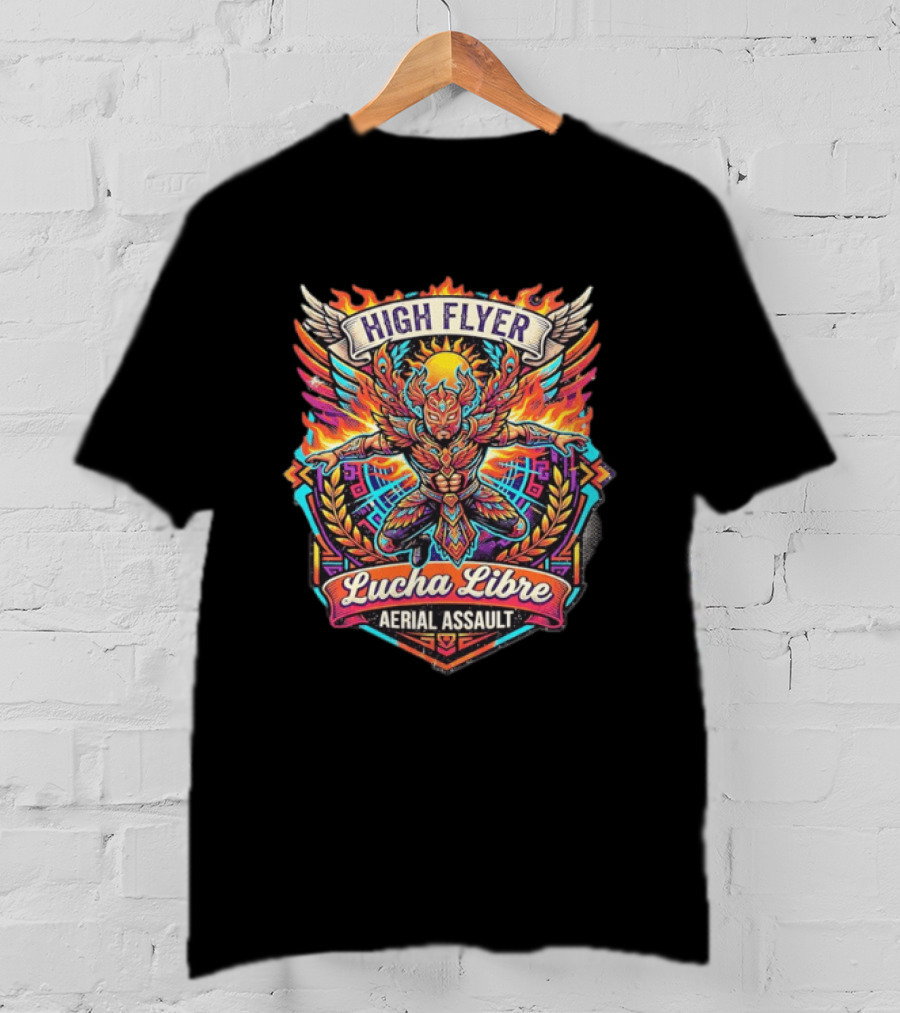 High Flyer Lucha Libre Aerial Assault Winged Masked Wrestler Sun Flames T-Shirt