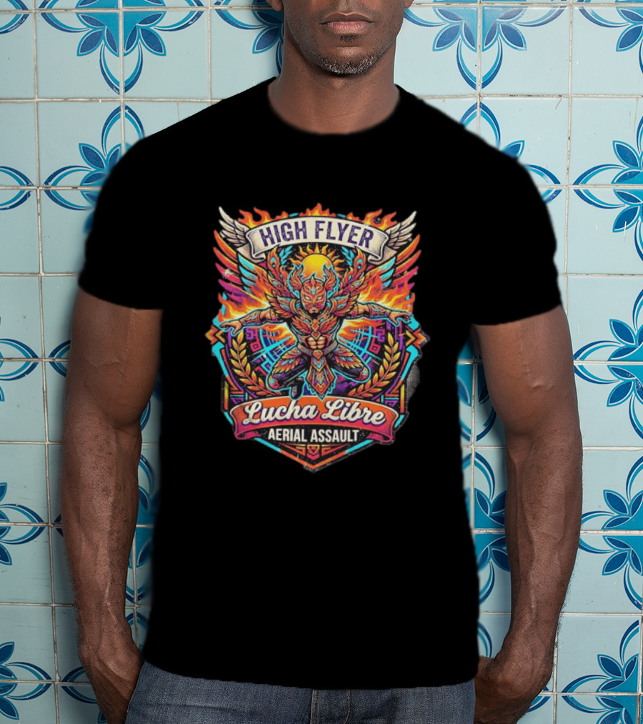High Flyer Lucha Libre Aerial Assault Winged Masked Wrestler Sun Flames T-Shirt
