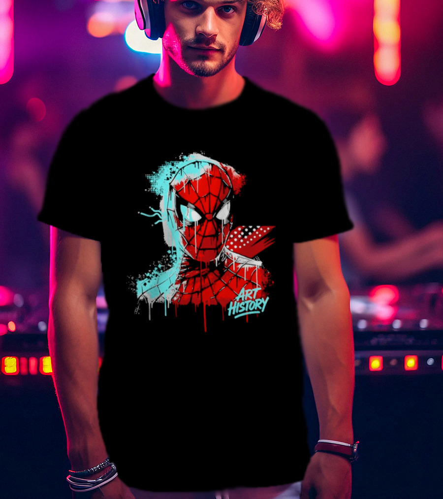 Spider Man Mask Dripping Paint Graffiti Art History Halftone Splatter T-Shirt