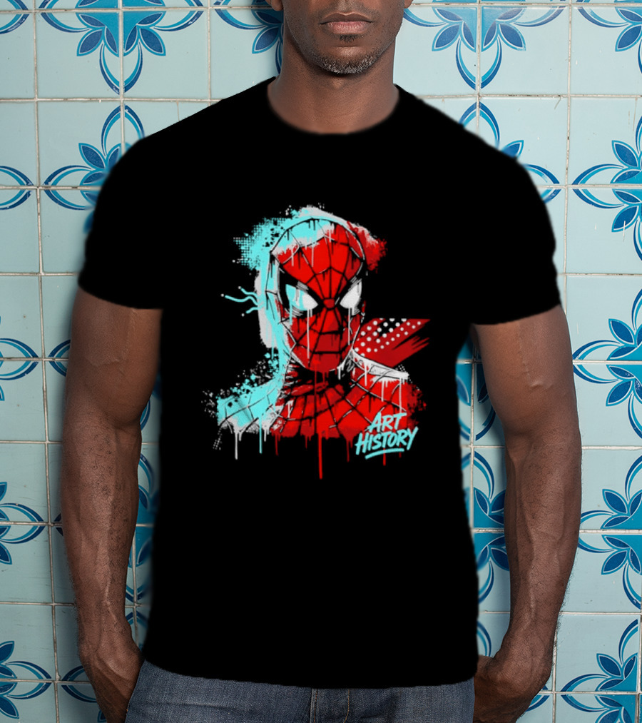 Spider Man Mask Dripping Paint Graffiti Art History Halftone Splatter T-Shirt