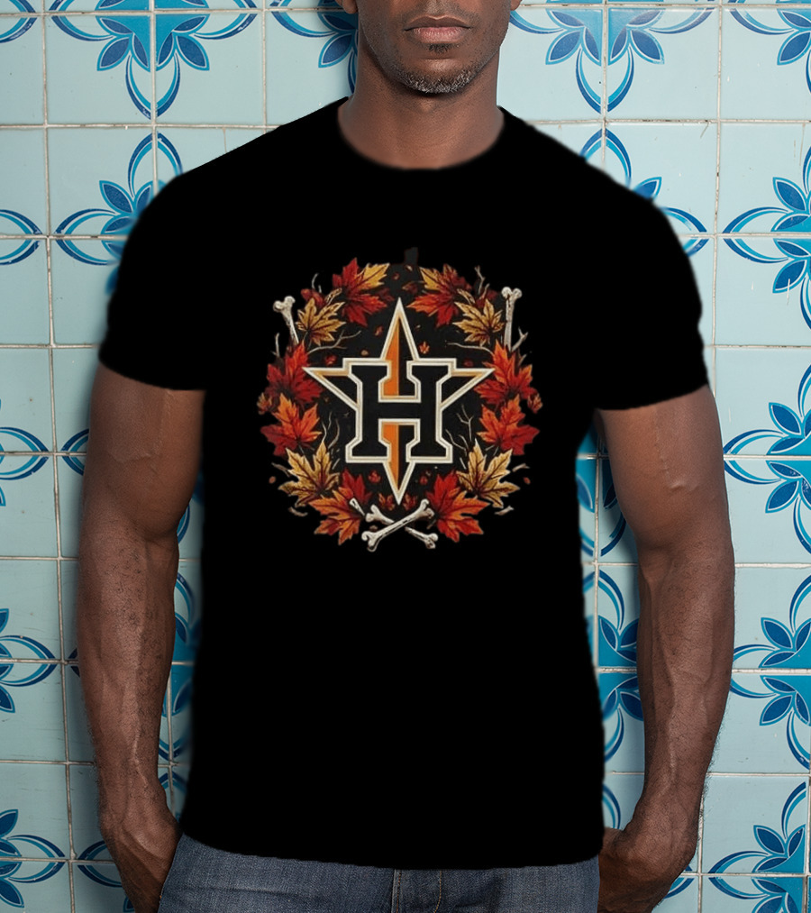 Houston Astros Halloween Maple Leaves Skull Crossed Bats Baseballs T-Shirt