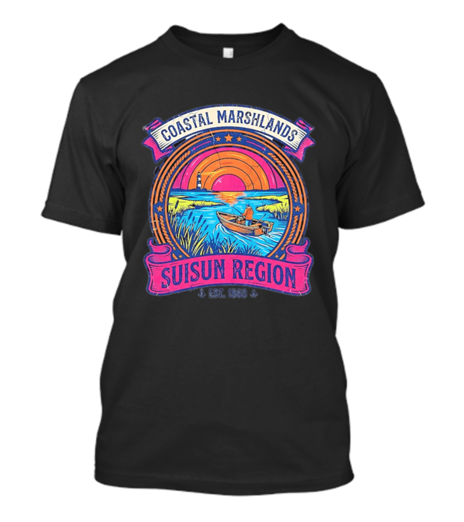 Coastal Marshlands Suisun Region Established 1868 Distressed Sunset Lighthouse Fisherman Boat Marsh T-Shirt