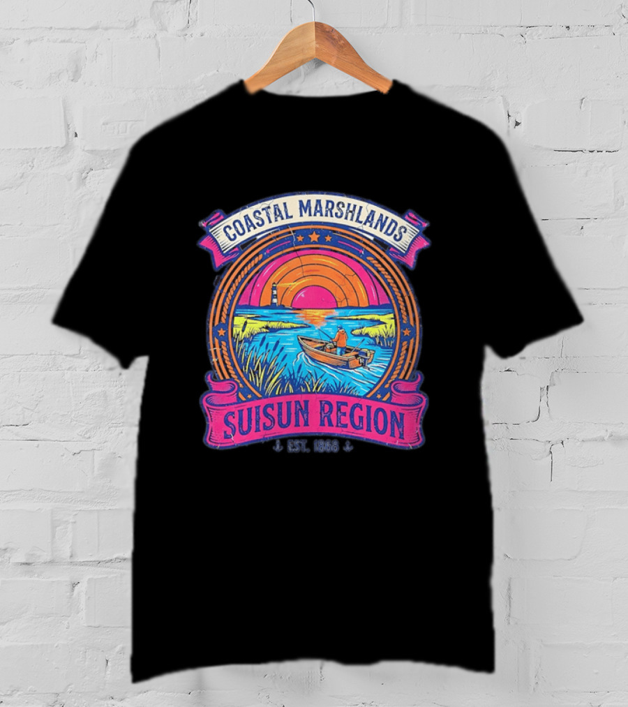 Coastal Marshlands Suisun Region Established 1868 Distressed Sunset Lighthouse Fisherman Boat Marsh T-Shirt