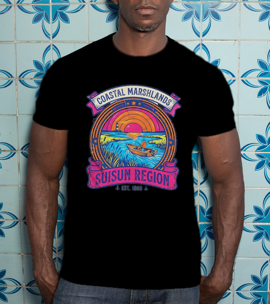 Coastal Marshlands Suisun Region Established 1868 Distressed Sunset Lighthouse Fisherman Boat Marsh T-Shirt