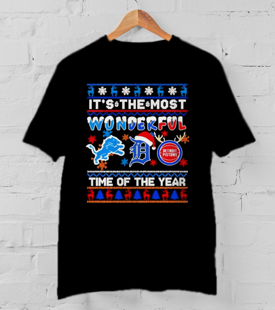 Detroit Lions And Pistons Christmas 2026 It's The Most Wonderful Time Of The Year T-Shirt