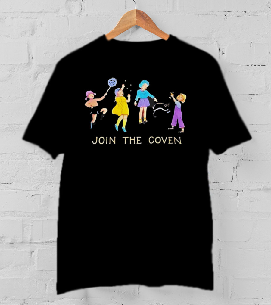 Join The Coven Funny Retro Witchy Kids Playing With Black Cat T-Shirt