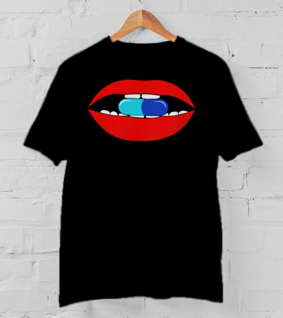 Red Lips Blue And Cyan Pill Bite T-Shirt
