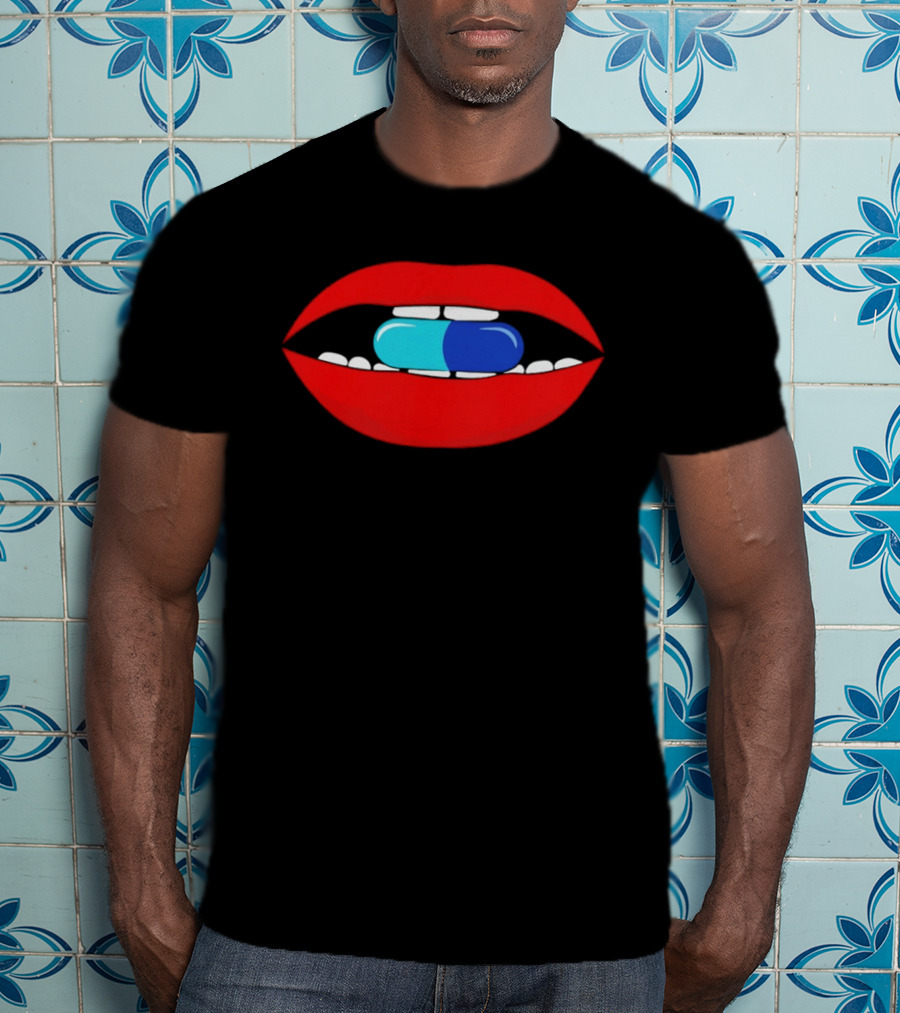 Red Lips Blue And Cyan Pill Bite T-Shirt