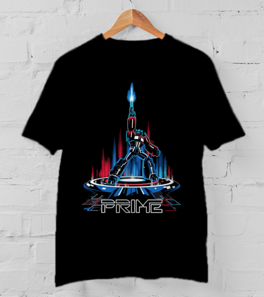 Prime Neon Robot Raising Glowing Light Beam Circular Platform T-Shirt