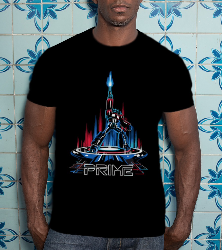 Prime Neon Robot Raising Glowing Light Beam Circular Platform T-Shirt