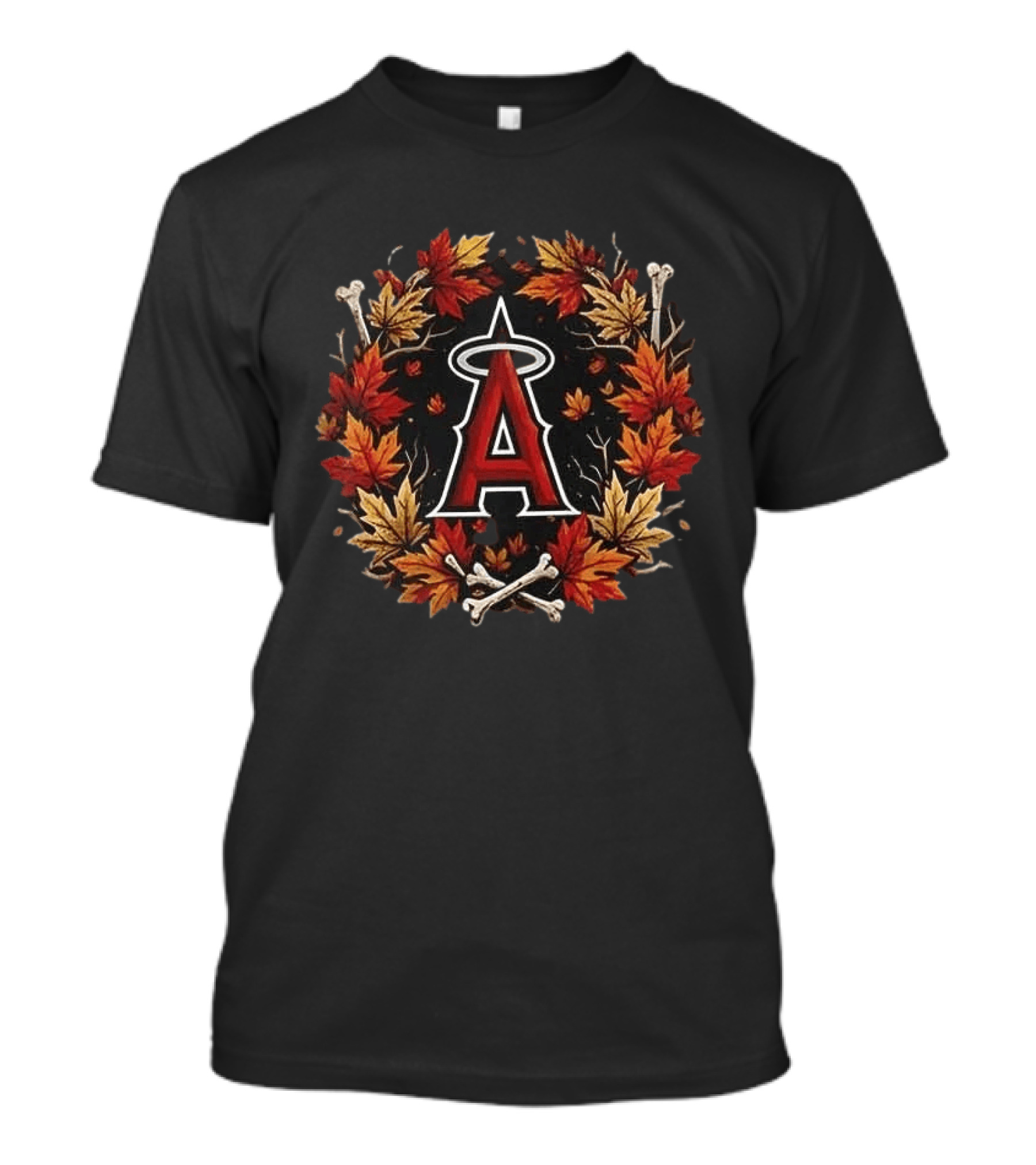 Los Angeles Angels Maple Leaves Skull Crossed Bats Baseballs Halloween T-Shirt