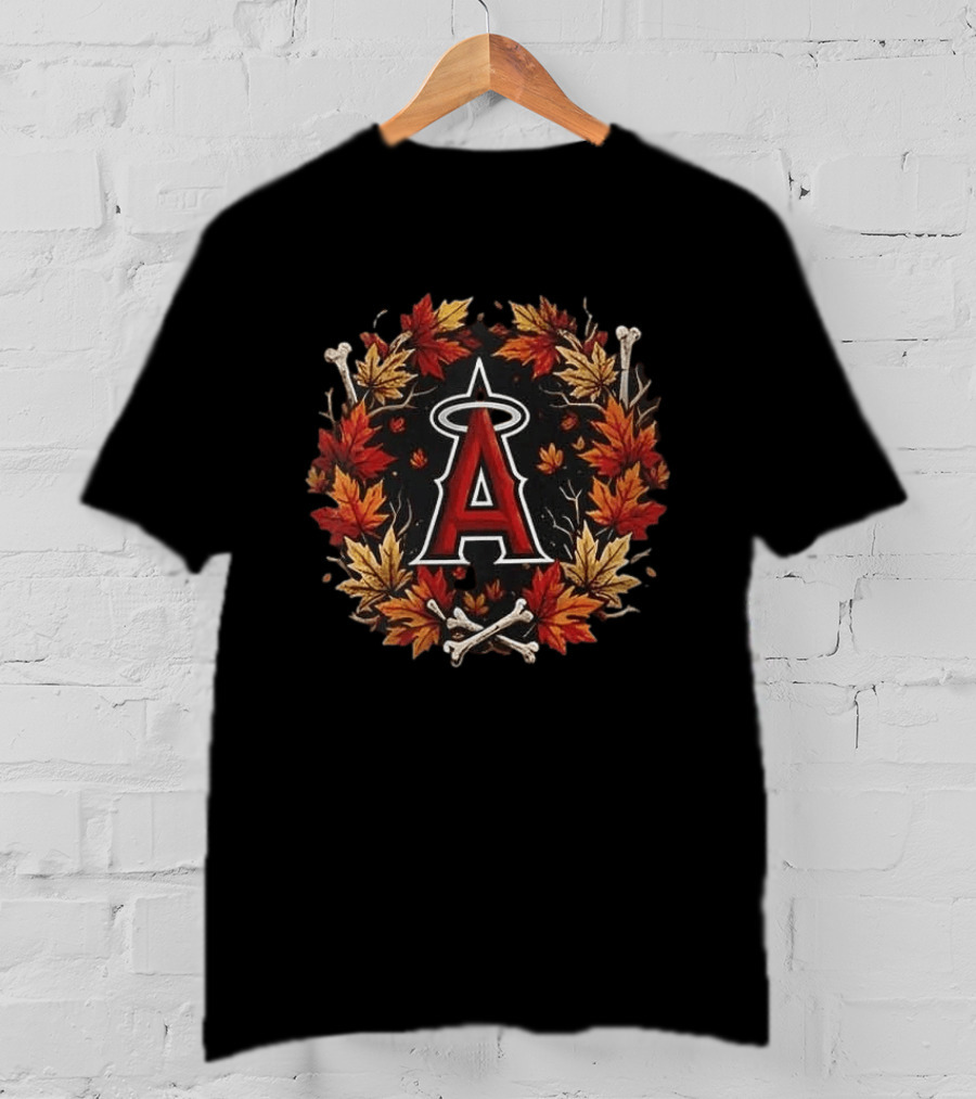 Los Angeles Angels Maple Leaves Skull Crossed Bats Baseballs Halloween T-Shirt