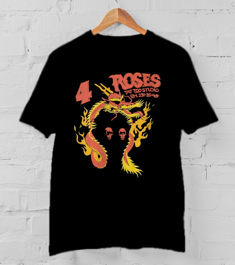 4 Roses Tattoo Studio Ph 231 3044 Dragon Yellow Flames Red Skulls T-Shirt