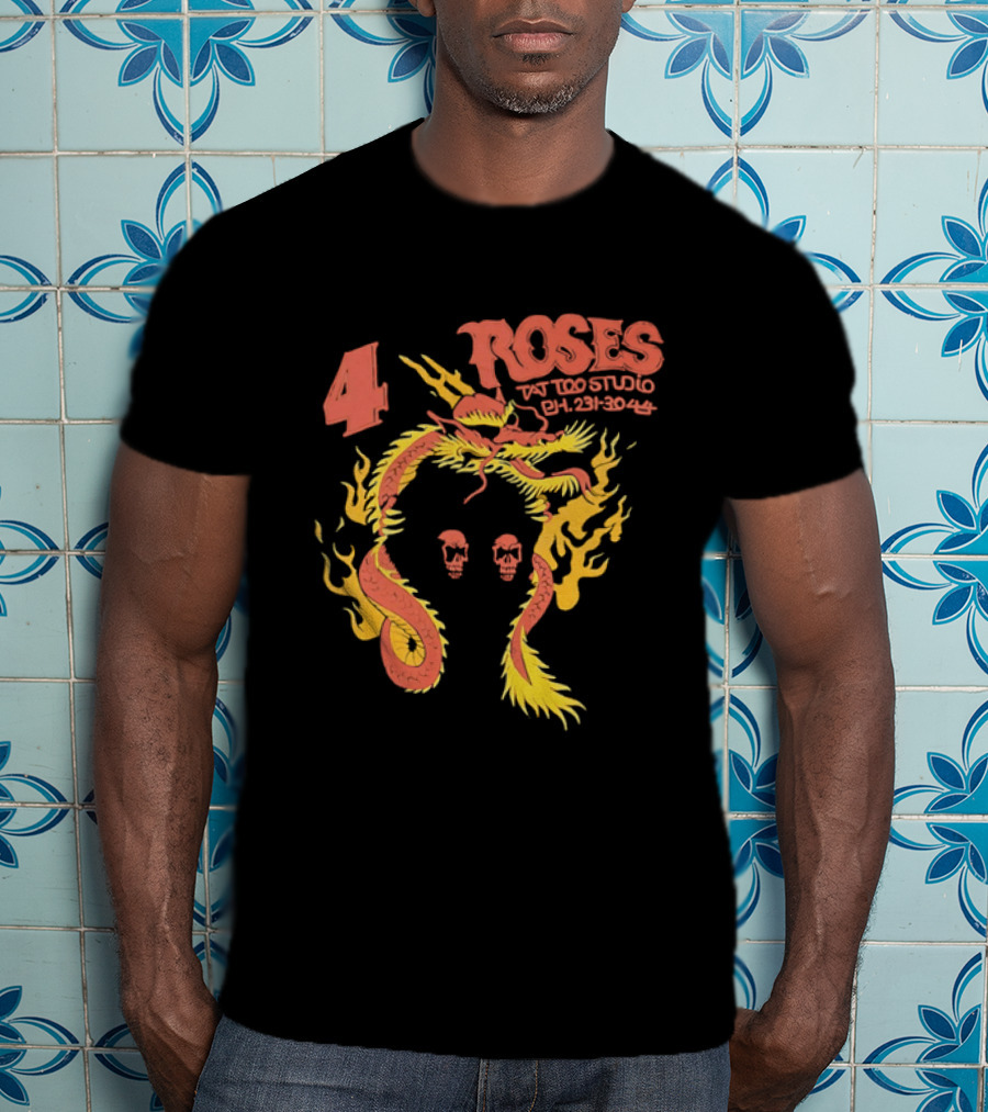 4 Roses Tattoo Studio Ph 231 3044 Dragon Yellow Flames Red Skulls T-Shirt