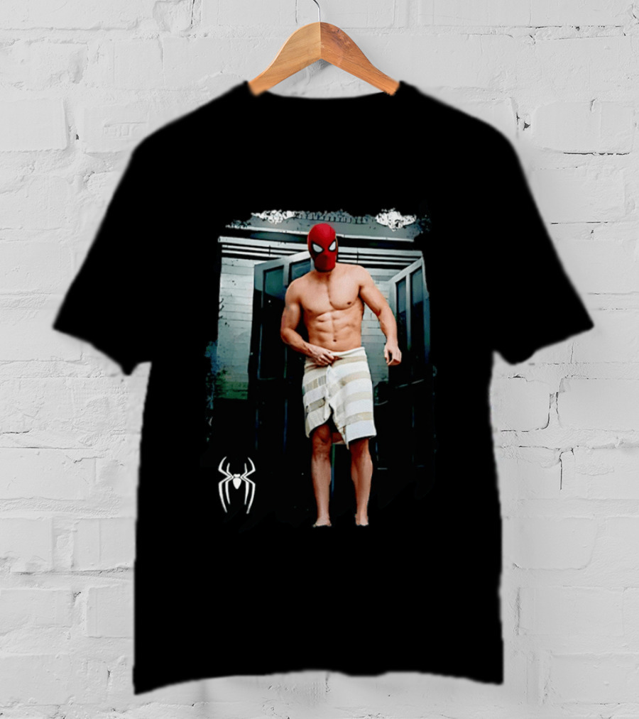 Spider Man Masked Figure In Towel Scene With Iconic White Spider T-Shirt