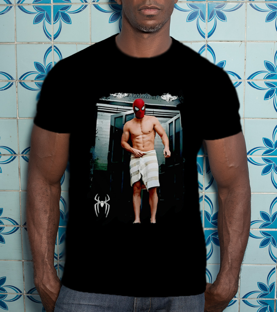 Spider Man Masked Figure In Towel Scene With Iconic White Spider T-Shirt