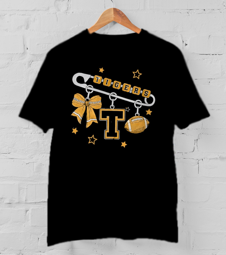 Tigers Cheer Bow Safety Pin Varsity Letter Football Charms Stars T-Shirt
