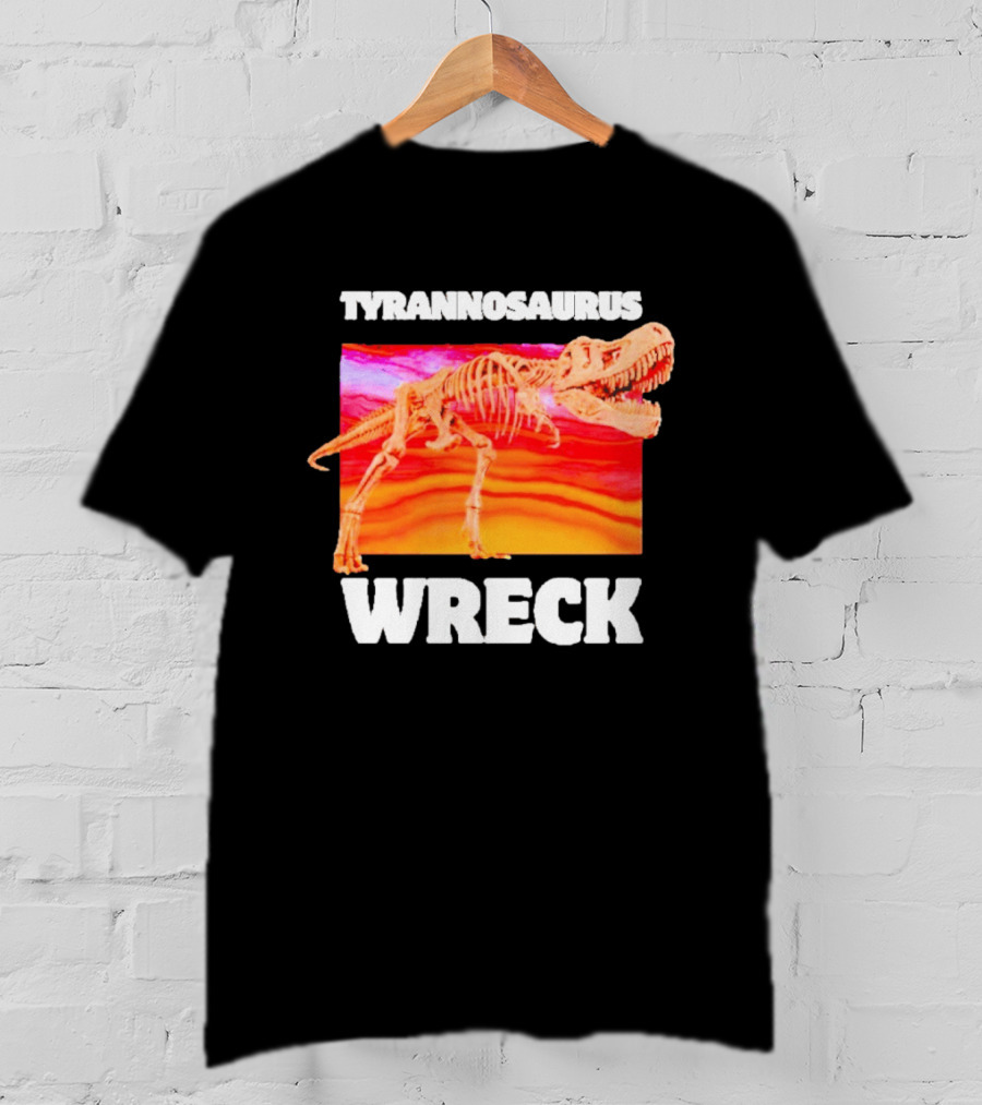 Tyrannosaurus Wreck Dinosaur Pun With Rex Skeleton On Sunset T-Shirt