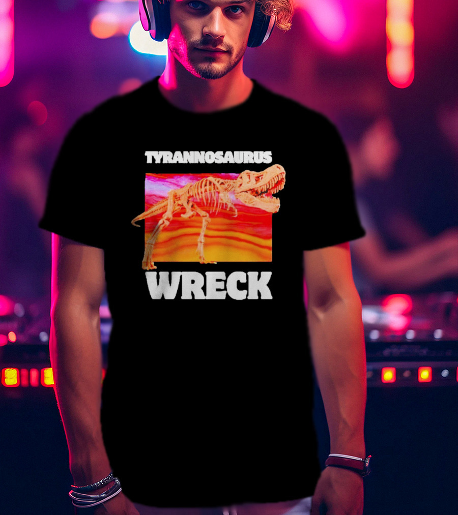 Tyrannosaurus Wreck Dinosaur Pun With Rex Skeleton On Sunset T-Shirt
