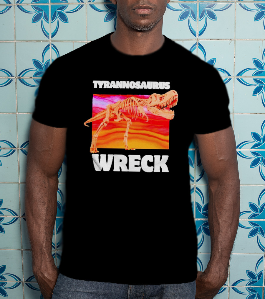 Tyrannosaurus Wreck Dinosaur Pun With Rex Skeleton On Sunset T-Shirt