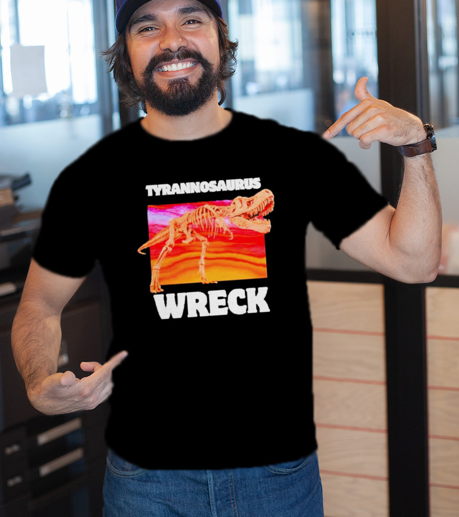 Tyrannosaurus Wreck Dinosaur Pun With Rex Skeleton On Sunset T-Shirt