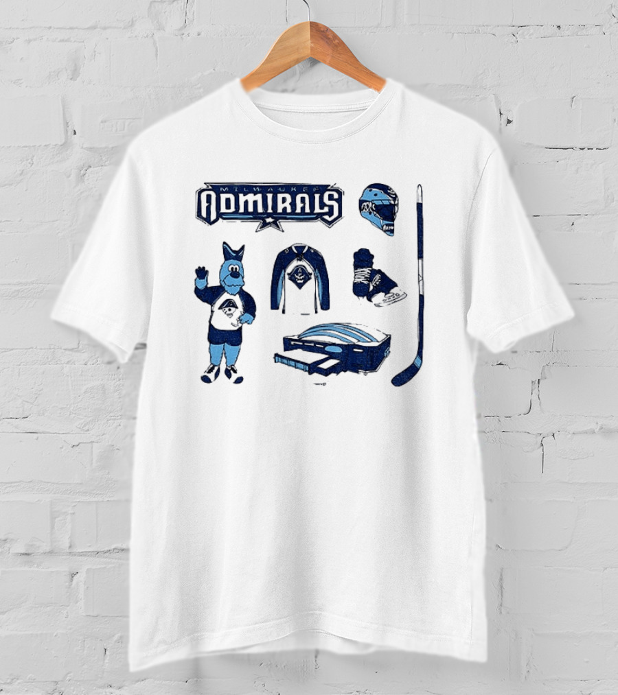 Milwaukee Admirals Hockey Mascot Jersey Helmet Skates Stick Goalie Equipment T-Shirt