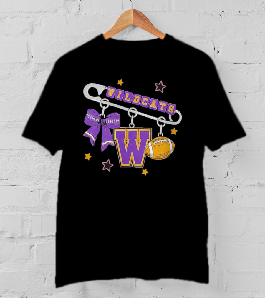 Wildcats Safety Pin Bow W Football Charm Distressed T-Shirt