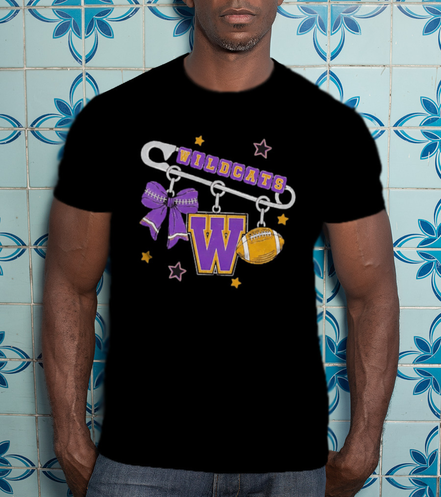 Wildcats Safety Pin Bow W Football Charm Distressed T-Shirt