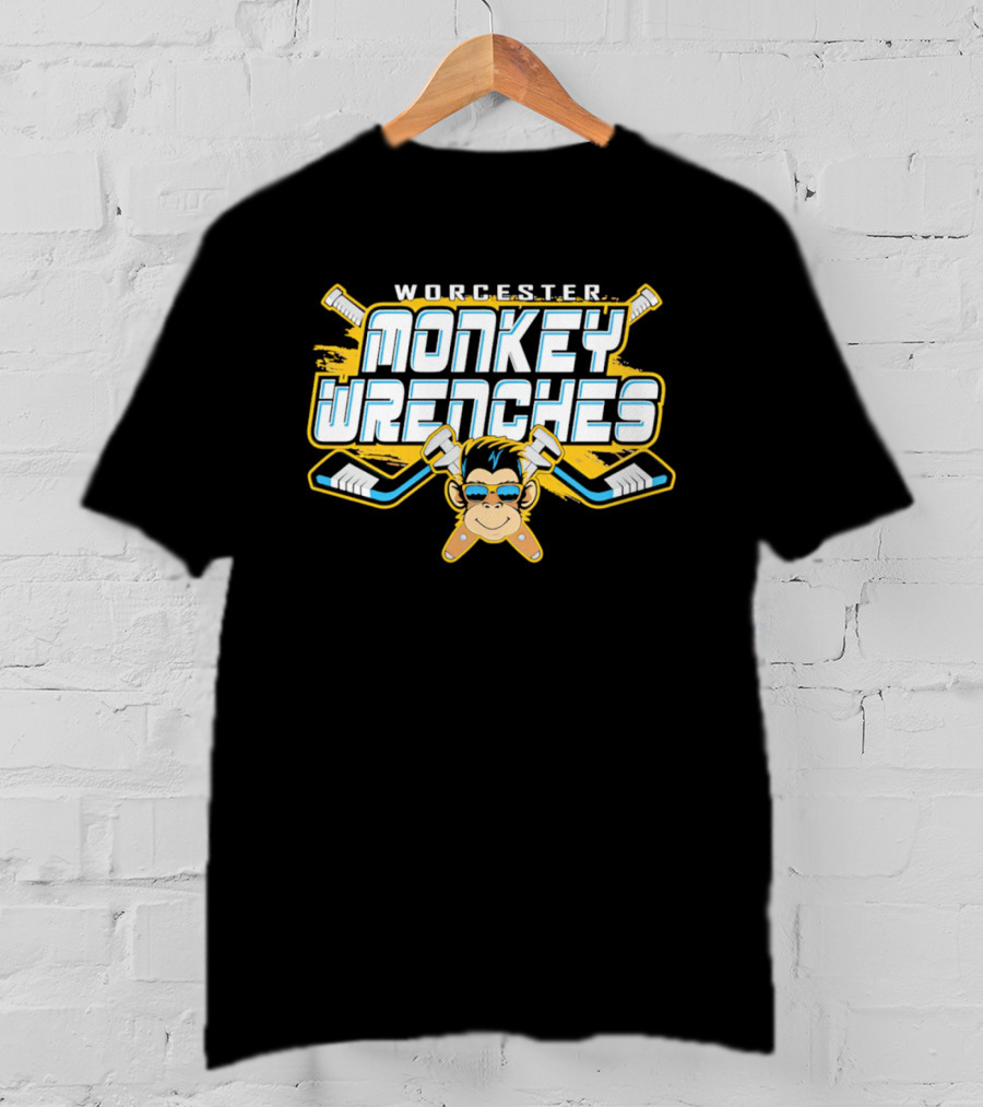 Worcester Monkey Wrenches Hockey Player Monkey With Crossed Wrenches And Hockey Sticks T-Shirt